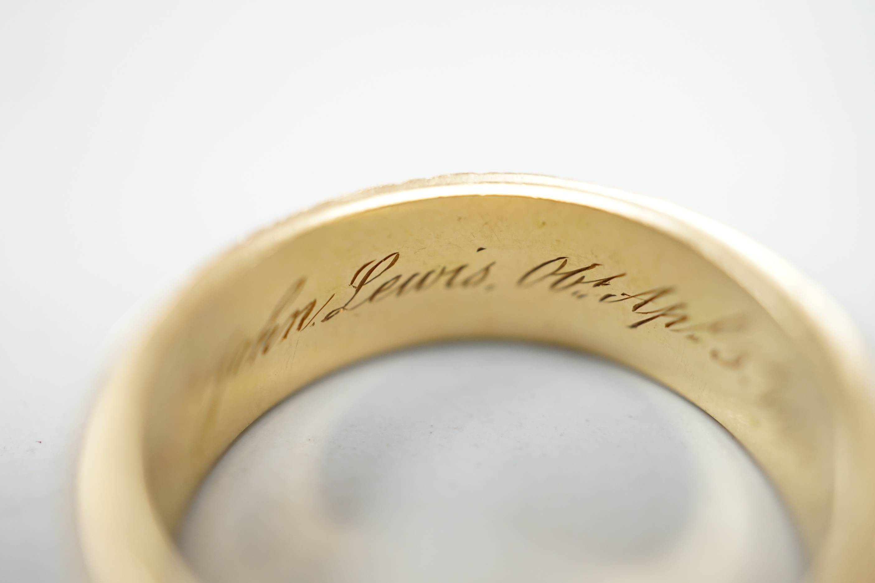 A Victorian 18ct gold and black enamel 'In Memoriam' band, inscribed ' Edwr John Lewis obt 5th April 1876, at 54', size N, gross weight 4 grams.